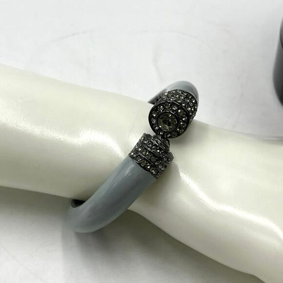 Gunmetal Gray Enamel Pave Smoke Crytsal  Hinged Bangle Cuff - Picture 2 of 9